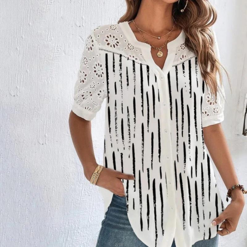 Women V Neck Half Button Floral Print Eyelet Embroidery Short Sleeve Casual Blouse