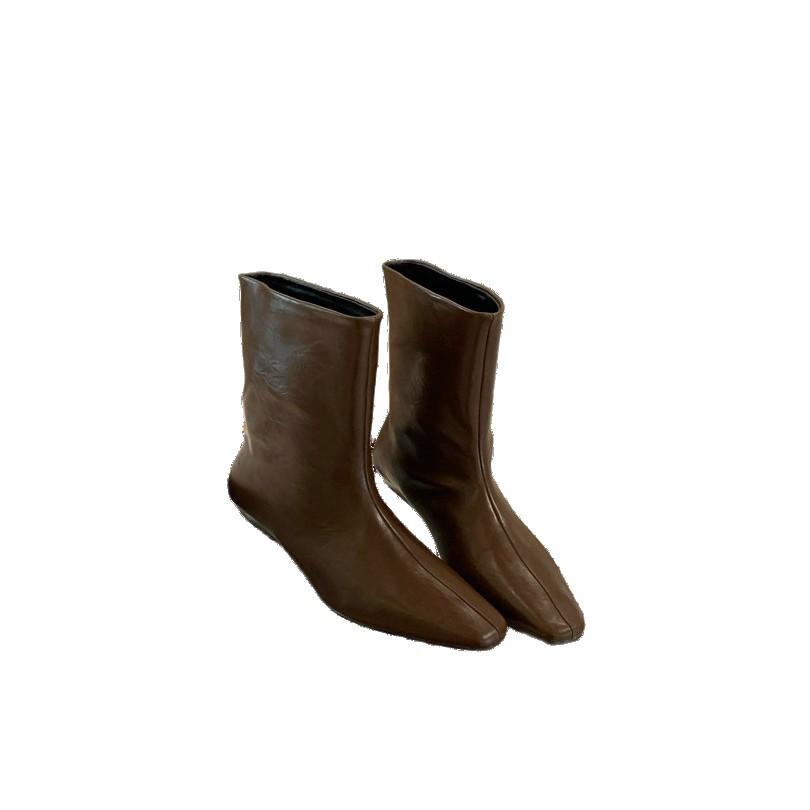 2025 new retro brown short boots women's small square head versatile low heel short sleeve thin boots