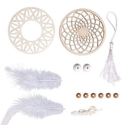 DIY Dreamcatcher Kit - - 26 Cm X 7 Cm - 2 Wooden Discs - 6 Natural Beads - White Feathers