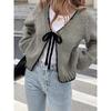 Women's V Neck Long Sleeve Knit Cardigan Regular Fit Elegant Bow Tie Front Solid Knit Cover Up Sweater