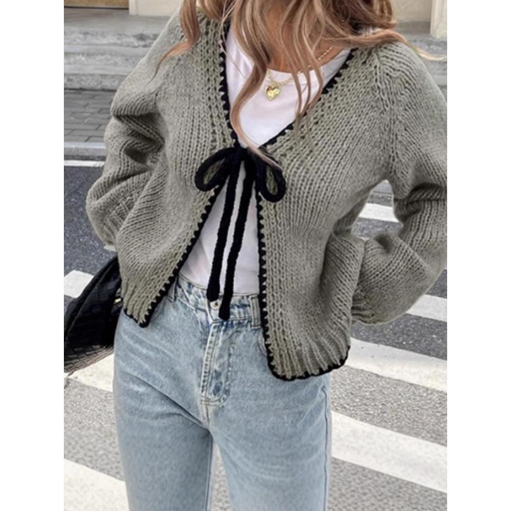 Women's V Neck Long Sleeve Knit Cardigan Regular Fit Elegant Bow Tie Front Solid Knit Cover Up Sweater