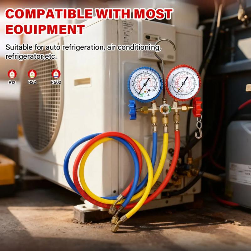 R134a Air Conditioning Pressure Gauge with Hose and Hook 3 Way AC Diagnostic Manifold Gauge Set Freon For R12 R22 R404A R134a