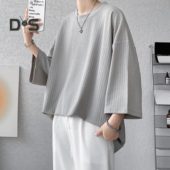 Men's Round Neck T-shirt Three-Quarter Length Sleeves Solid Color T-shirt Casual Style Loose Fit Tee Shirt for Street Travel Vacation