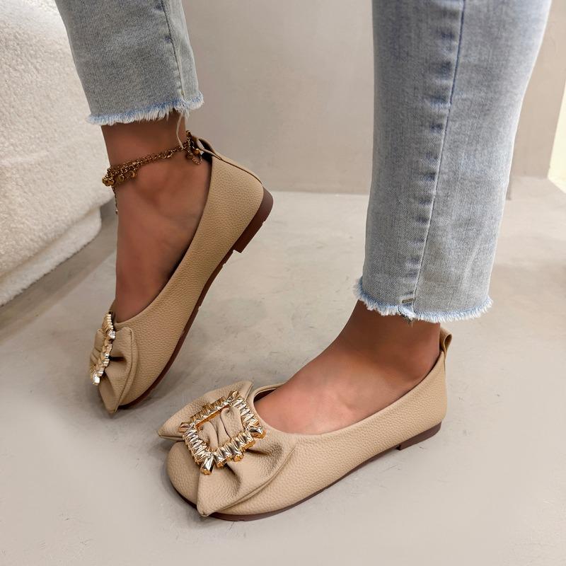 Fashion All-match Single Shoes Summer New Round Head Shallow Mouth Metal Buckle Butterfly Knot Soft Sole Non-slip Flat Shoes