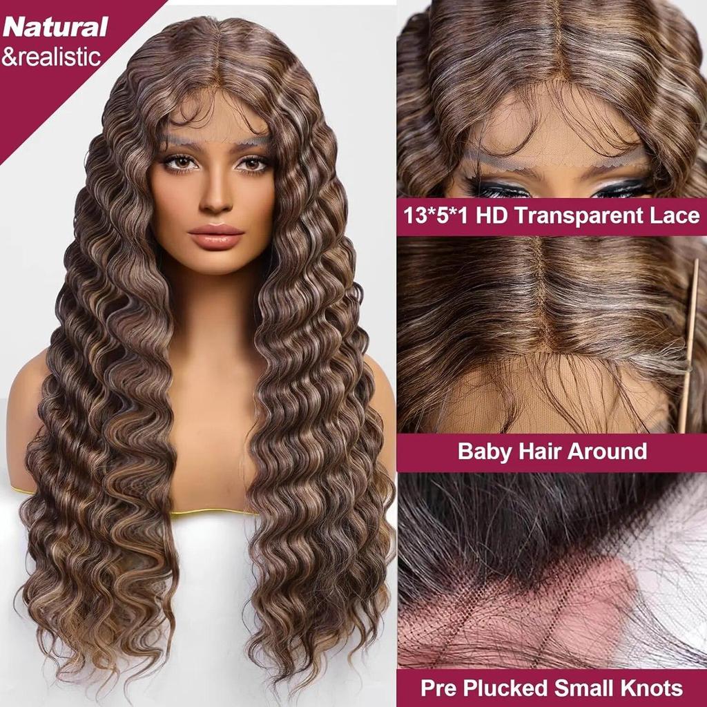 LOUIS FERRE Long Deep Wave Wig Brown Highlight Crimps Curl Synthetic Hair Wigs Lace Front Wig for Women with Babyhair for Daily