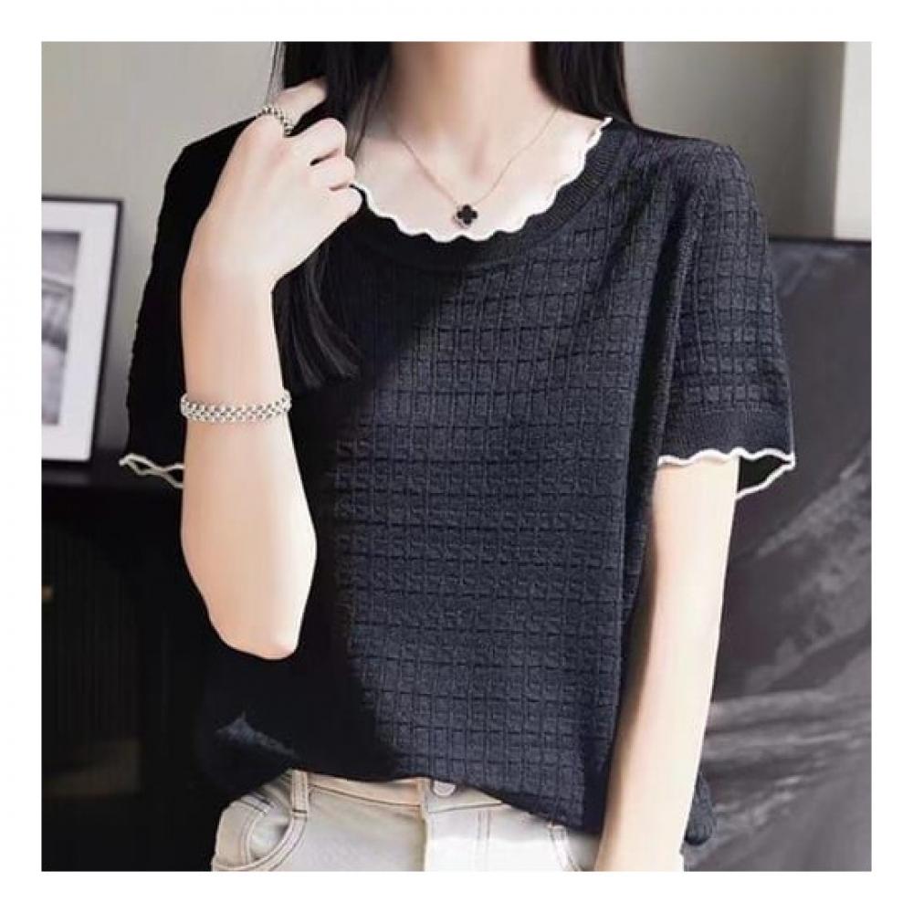 Navava Short Sleeve Solid Wave Knit Round Neck Nk2254