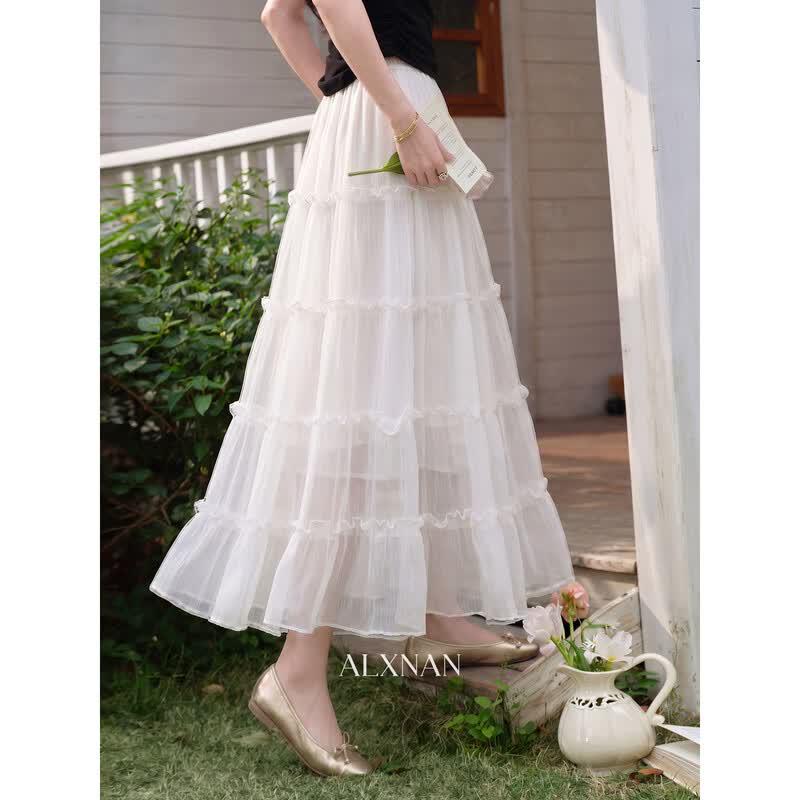 Luxiangnan Elegant White Tiered Midi Skirt L