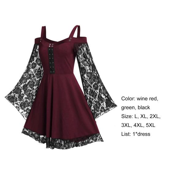 Damenkleid Spitze Patchwork Schmetterlingsärmel Halloween Großer Saum Tief ausgeschnitten Ösen Kleid für Halloween