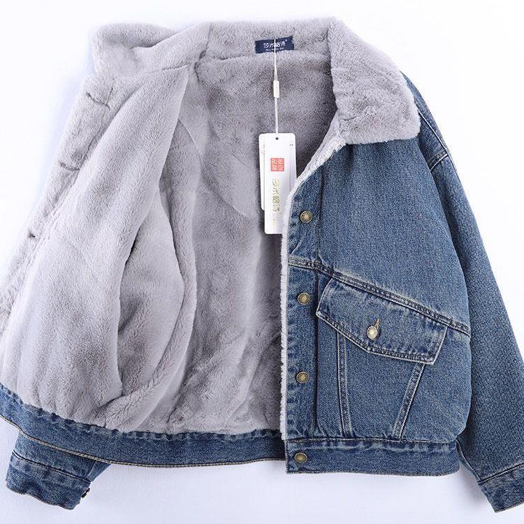 

Стильная женская джинсовая куртка на бархатной подкладке в корейском стиле – Теплая, повседневная, свободного кроя, хлопковый зимний пальто L [Recommended 110-125 lbs] Fleece with lint