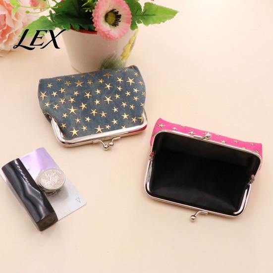 Washed Denim Wallet Golden Star Coin Purse, Women Change Kiss Lock Purse Closure Pouch for Folded Cash Coins Cards Mini Makeup
