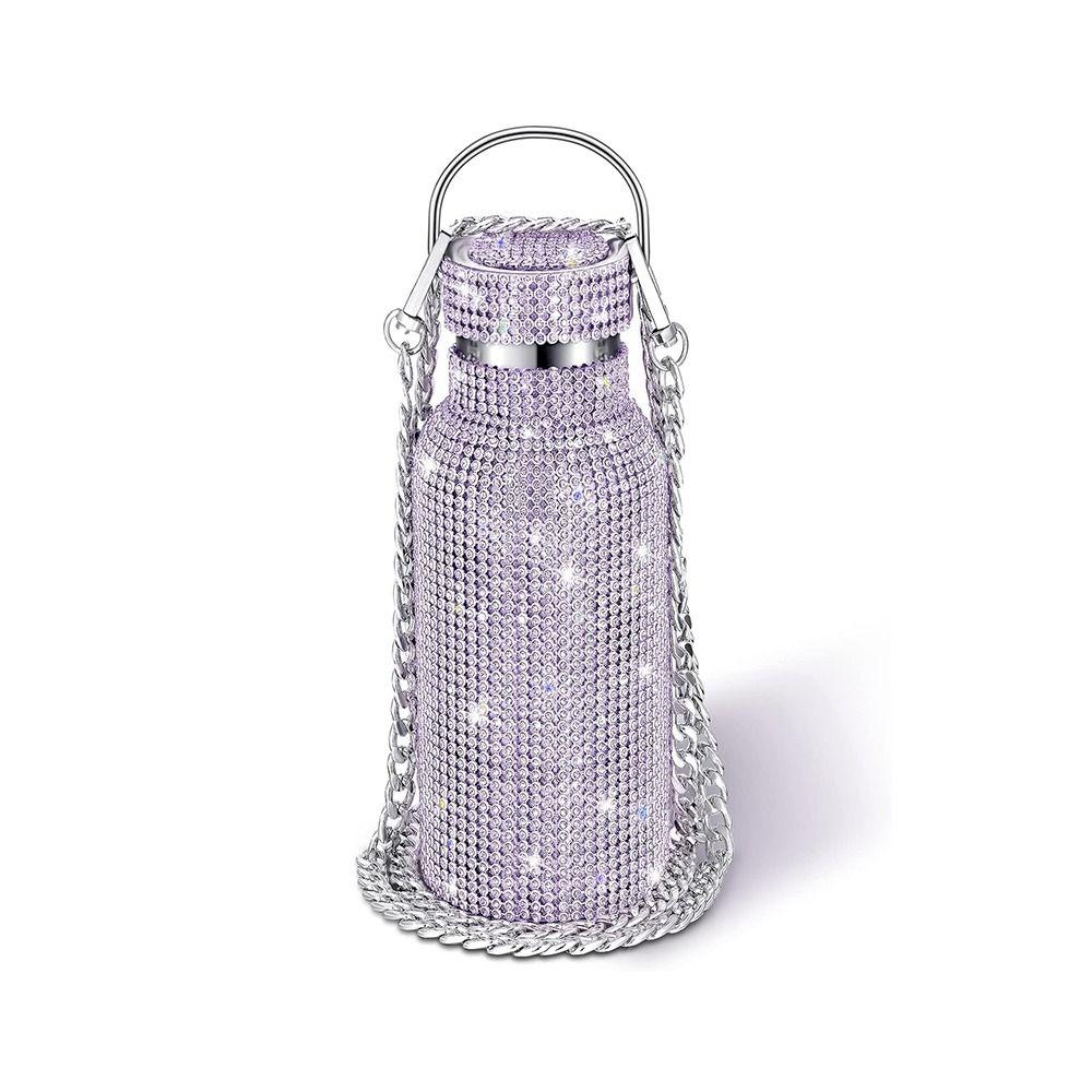 Thermal Rhinestone Water Bottle Stainless Steel Refillable Glitter Tumbler Removable Carrying Strap Chain Vacuum Flask Women