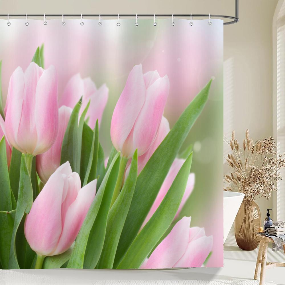 Beautiful Tulip Rose Flowers Shower Curtain Bathroom Curtains Nature Flower Waterproof Polyeste Fabric Bathtub Decor With Hook