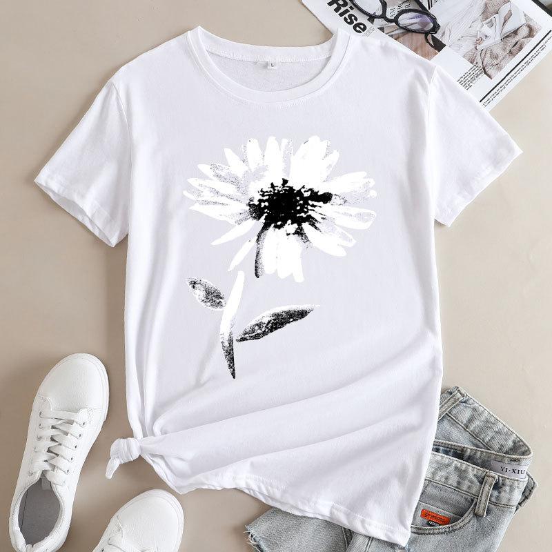 Summer Round Neck Floral Print Top Fashionable Casual Short Sleeved Women's Pure Cotton T-shirt