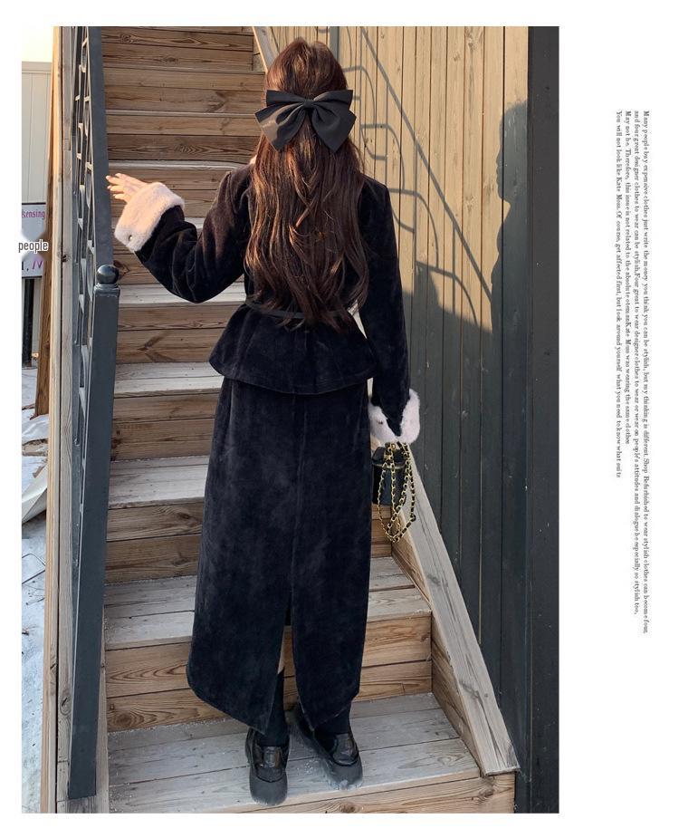 2025 Winter Women's Plus Size Slimming Fur Collar Jacket & Belted Skirt Set