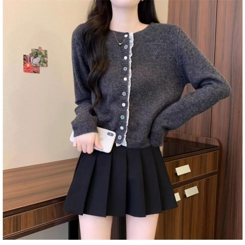 Autumn new lace splicing single-breasted short round neck long-sleeved knitted cardigan women's casual knitted jacket