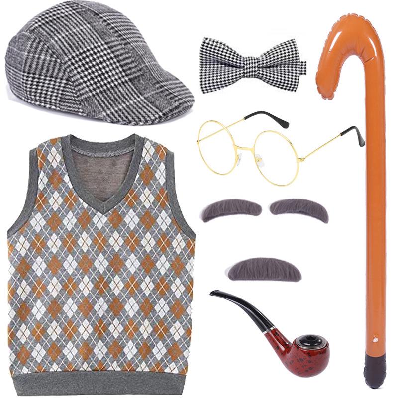 Children's Halloween Grandpa Costume Set with Beard, Scepter, Cigarette Holder, Vest, Bow Tie, and Dress Props for Performances.