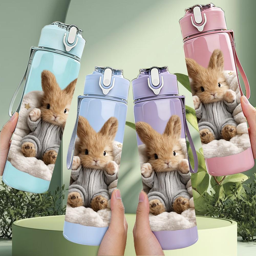 1PC Bunny Rabbit Wrapped In Blanket Print 750ml Color Plastic Sports Water Bottle Leakproof Flip Straw Lid Suitable for Sports Office Home Use