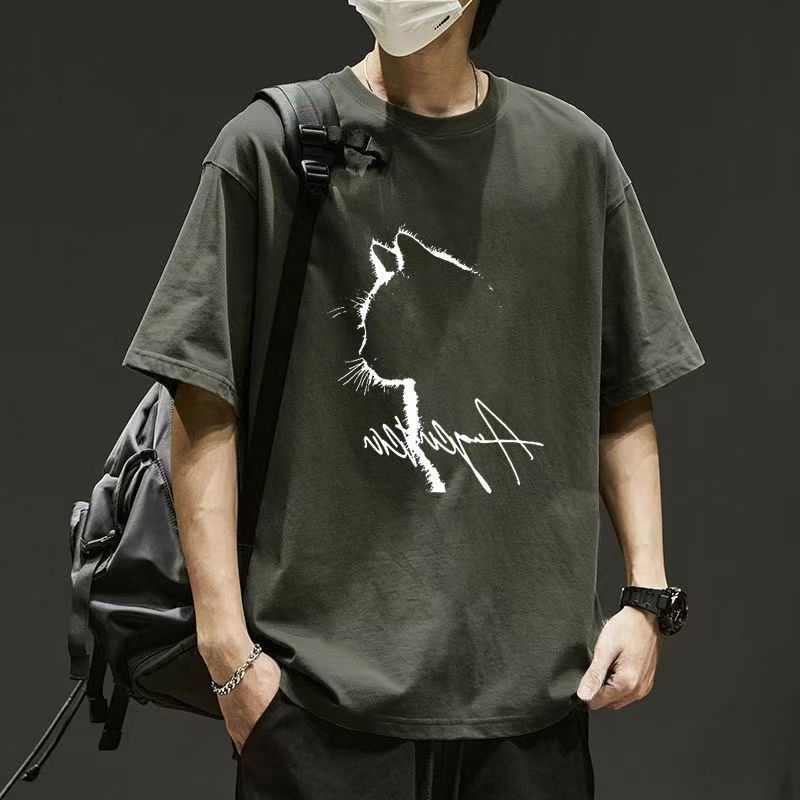 

Хлопковая мужская футболка с коротким рукавом кошка нишевый дизайн топ с коротким рукавом мужская гонконгский стиль свободная и универсальная футболка S серый