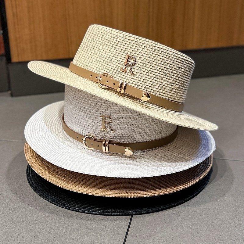 Summer Outing Straw Hat Women's Vacation Seaside Rhinestone Letter R Belt Personalized British Retro Flat Top Sunshade Hat
