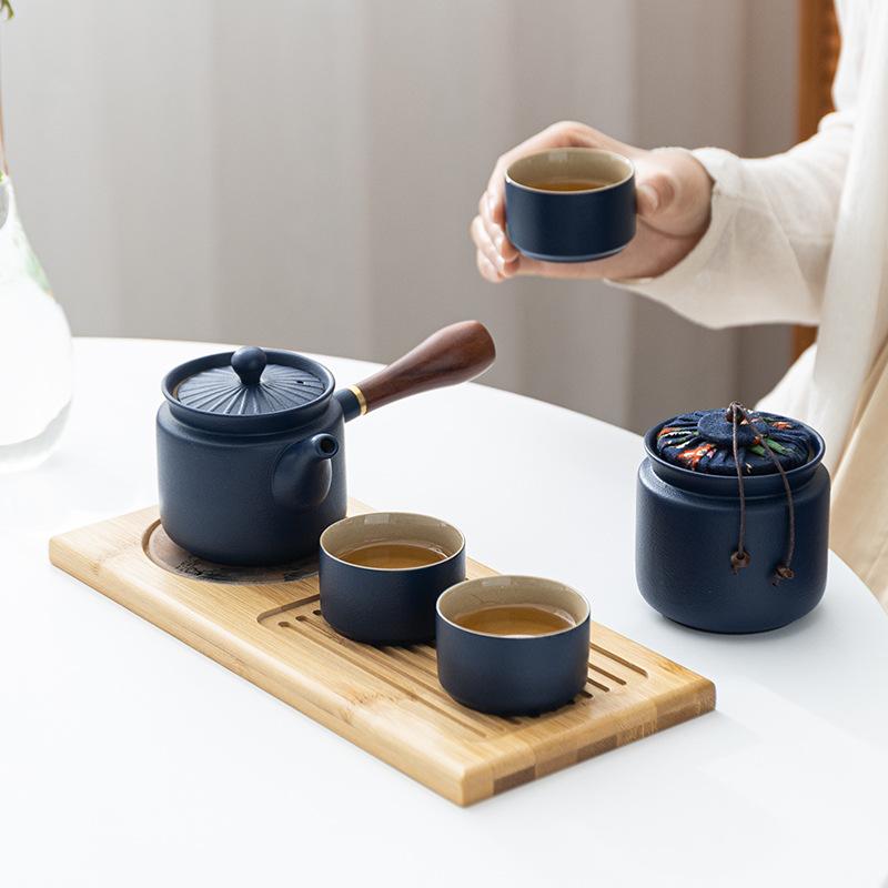 Coarse Pottery Kung Fu Tea Set Office Ceramic Side Handle Pot Wooden Handle with Tea Tray Tea Can Storage Gift