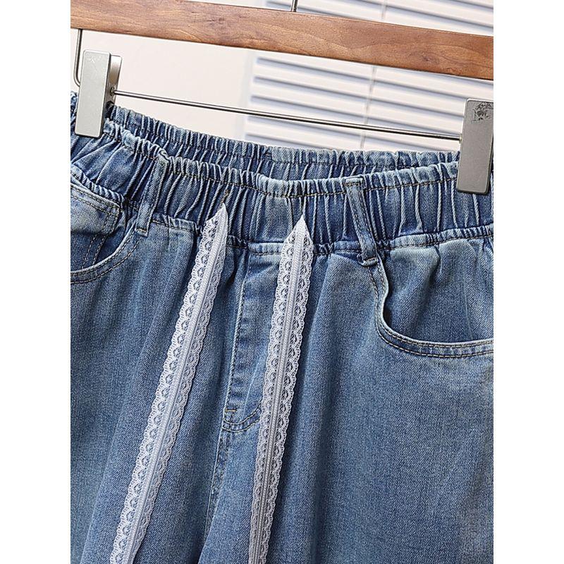 Summer New Plus Size Women's Clothing Lace Bandage Elastic High Waist Loose Thin Elastic Four Points Denim Shorts Hot Pants