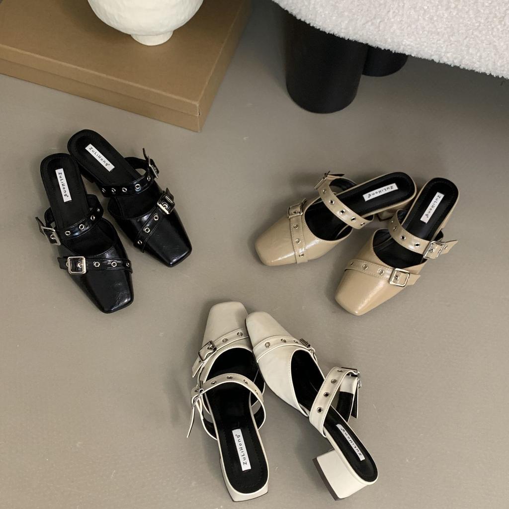 Design Sense Belt Buckle Bag Head Slippers Women's 2025 New Square Head Low Heel One Pedal Mueller Shoes Empty Half Drag