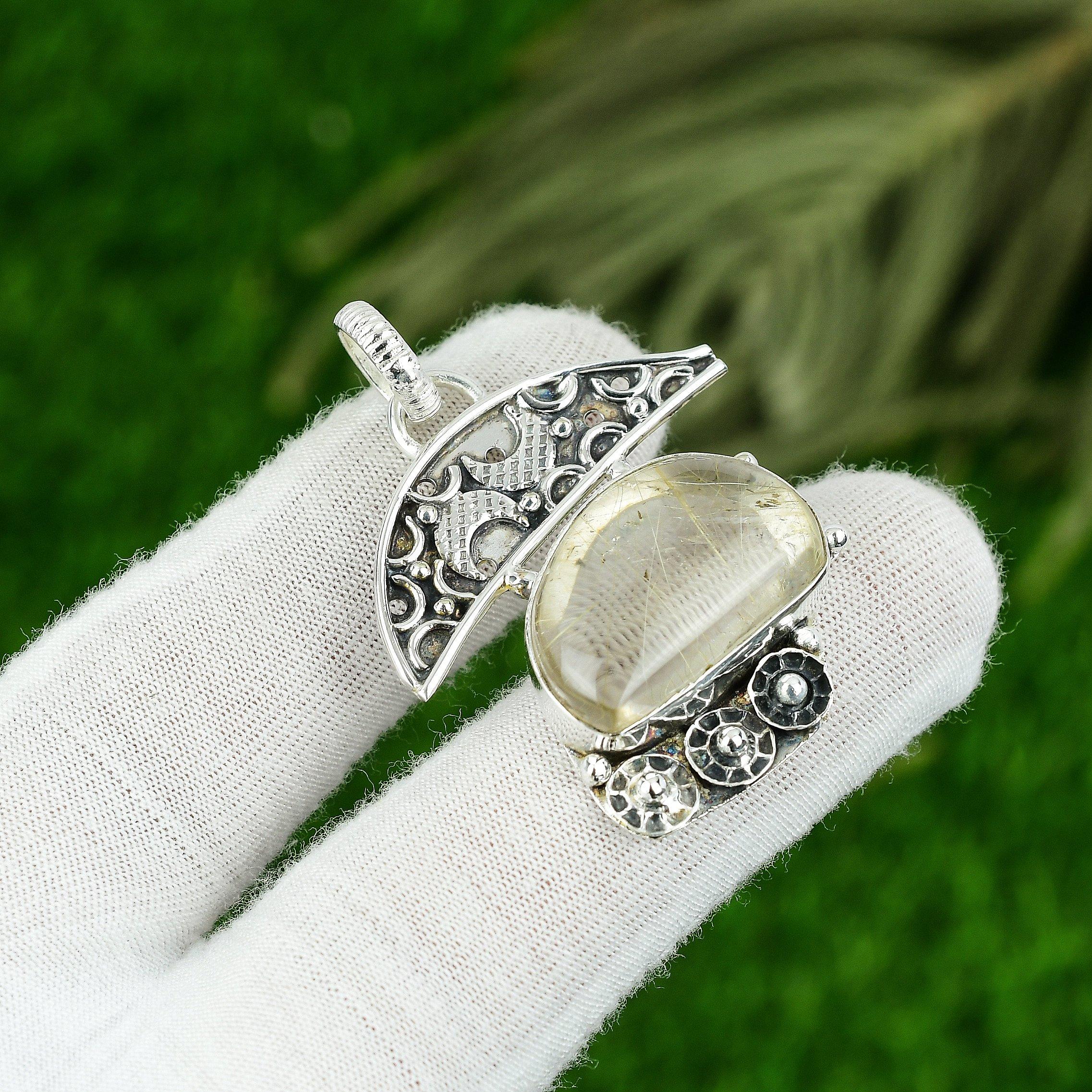 

925 Sterling Silver Golden Rutile Stone Mother Birthday Artisan Pendant Jewelry