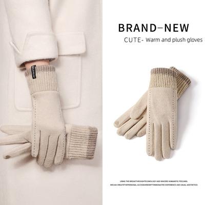 Winter Cashmere Gloves for Women's Outdoor Cycling Windproof Plush and Warm Touch Screen Knitted Wrist Gloves