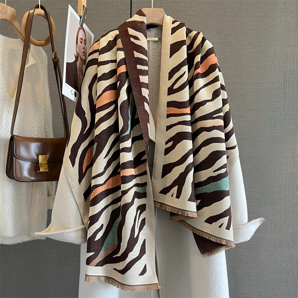 Warm Women Winter Cashmere Scarf Stripe Print Shawl Wrap Soft Pareo Elegant Poncho Femal Thick Warm Blanket Echarpe Pashmina