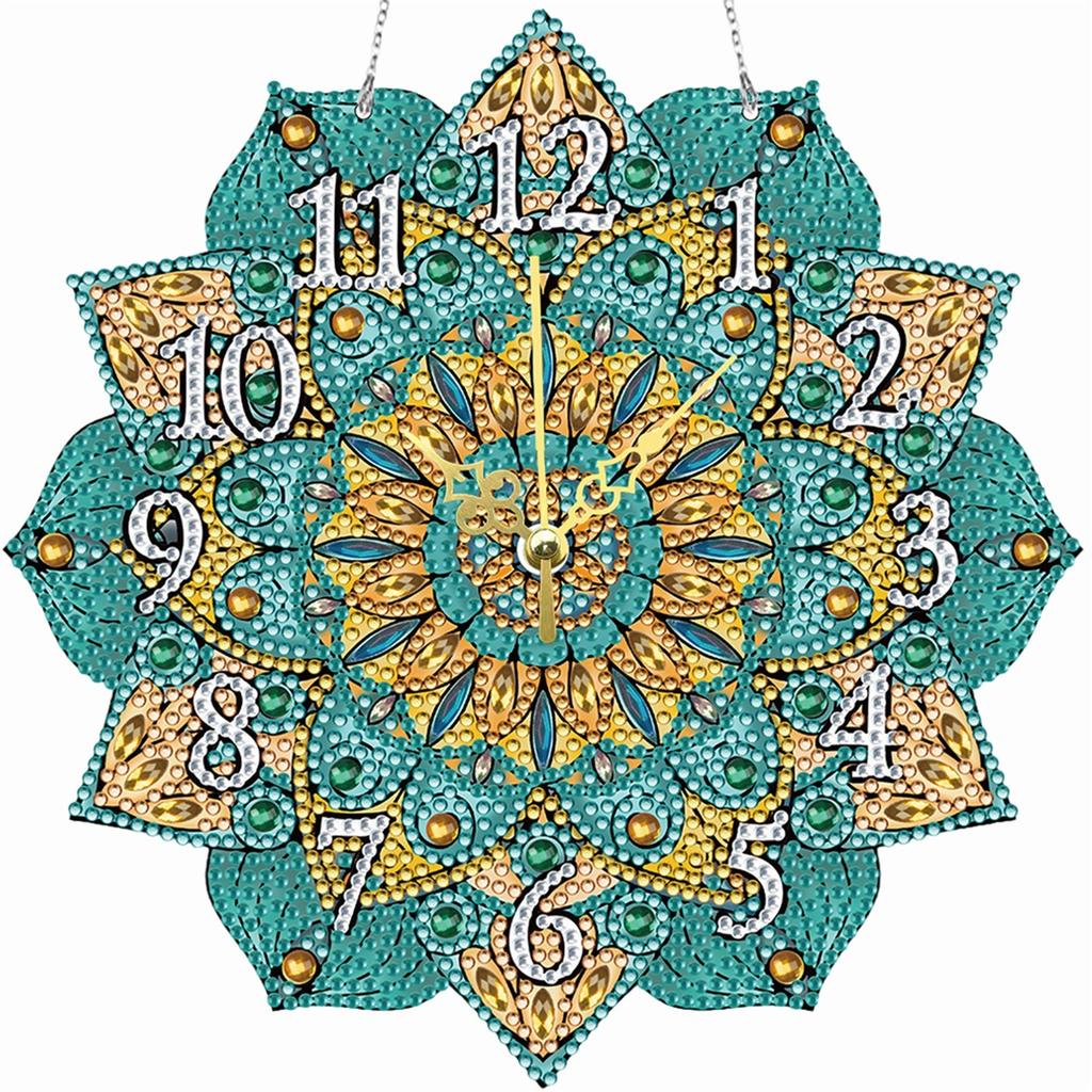 2D Flat DIY Mandala Wooden Diamond Painting Ornament with Clock Function Diamond Painting Clock Pendant for Home Decoration