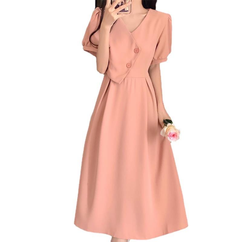 Large size chic design bubble sleeve dress gentle wind summer skirt fat mm belly and thin French dress