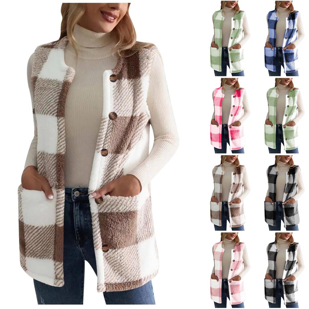 Fashionable Women's Plaid Print Double-Sided Plush Button Pocket Cardigan Casual Female Vest