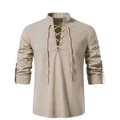 T-shirt à manches longues pour hommes, col en v, mode Vintage, haut fin, décontracté, respirant, à lacets sur le devant