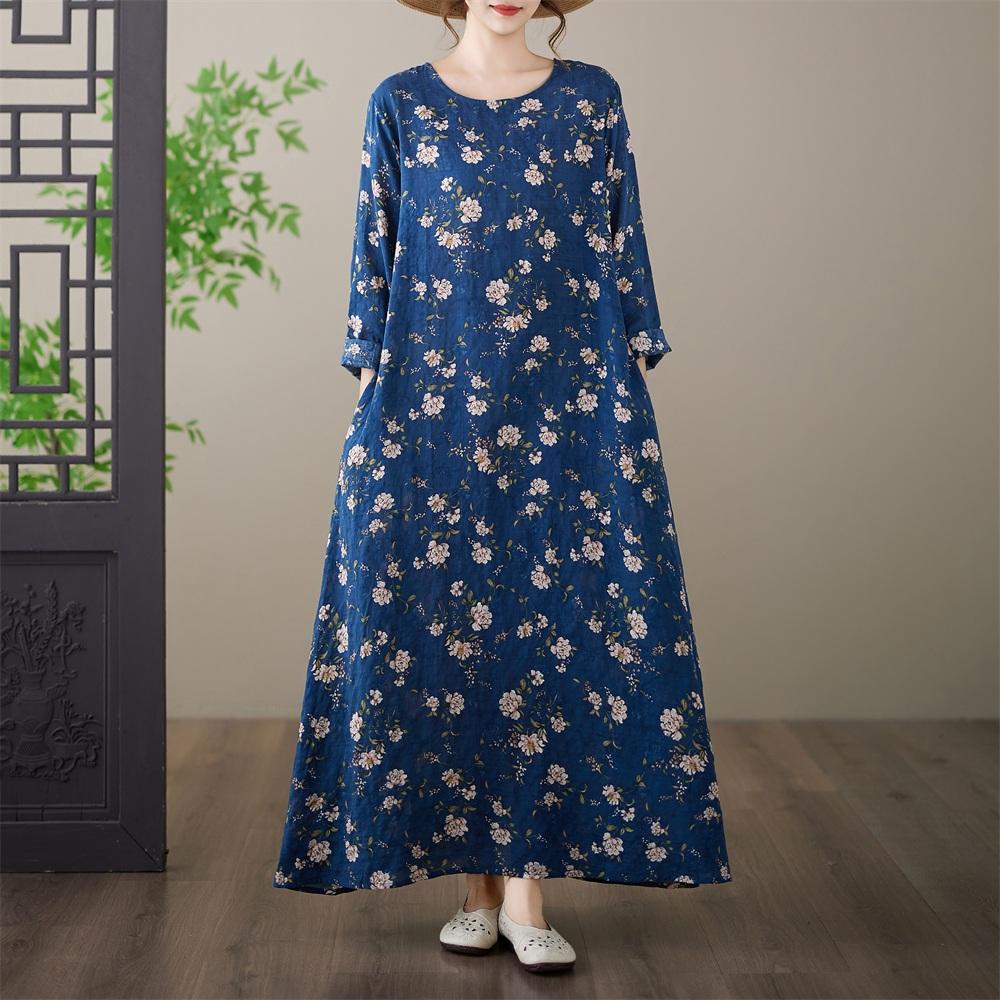 Long Sleeve Plus Size Cotton Vintage Floral New In Dresses for Women Casual Loose Spring Summer Autumn Dress