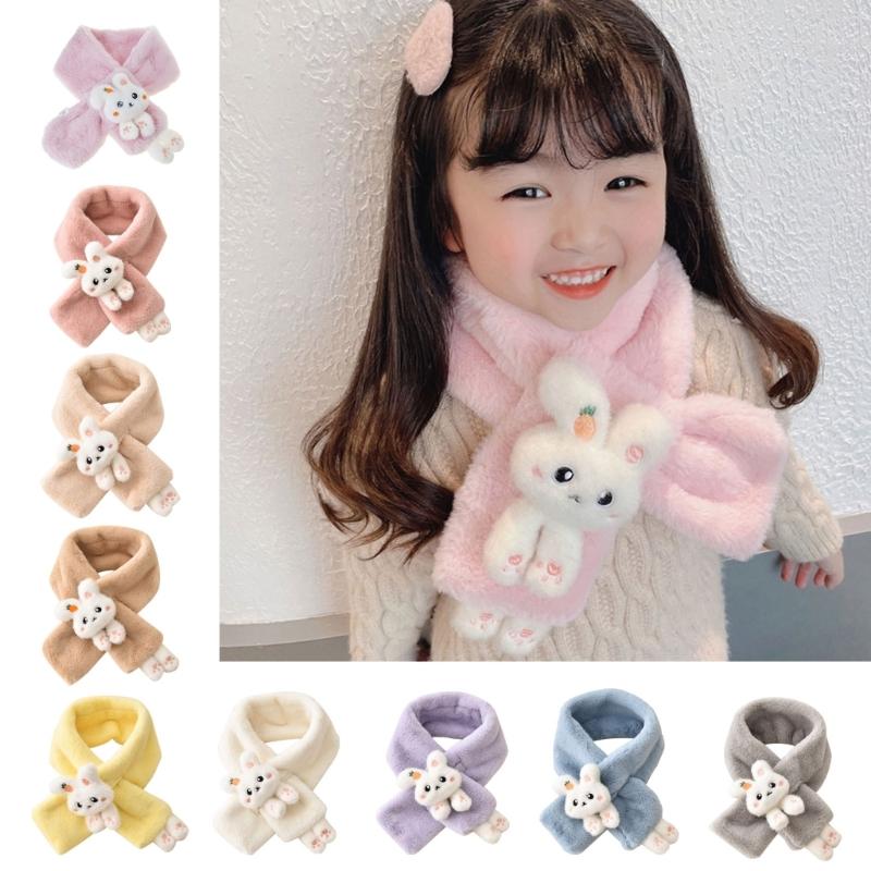 Girls Winter Warm Thicken Scarfs Cartoon Bunny Shape Faux Fur Plush Cross Collar Scarf Shawl Lovely Warm Soft Scarf