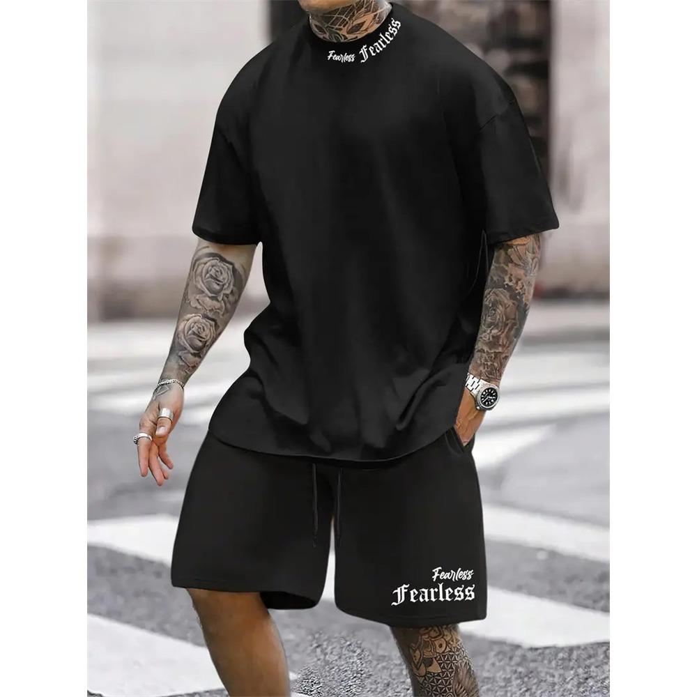 

Summer Solid Color Letters Printed Suit Casual Sportswear Men s Suit Short-Sleeved T Shirt Street Hip-Hop Two-Piece Set XS