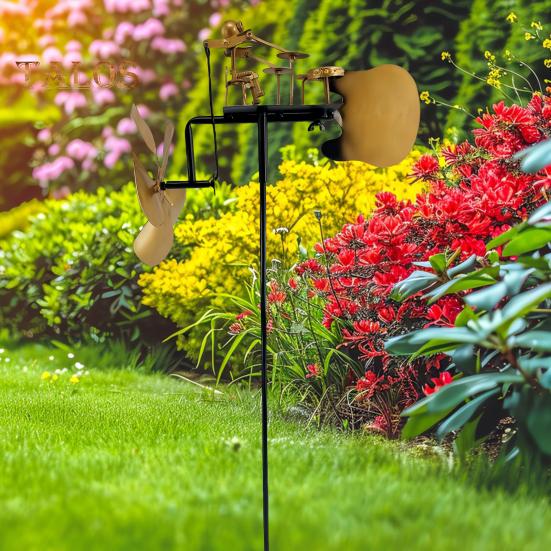 Metal Drummer Garden Windmill Handmade Percussionist Music Windmill Ornament Wind-Powered Drummer Windmill for Outdoor Patio Courtyard