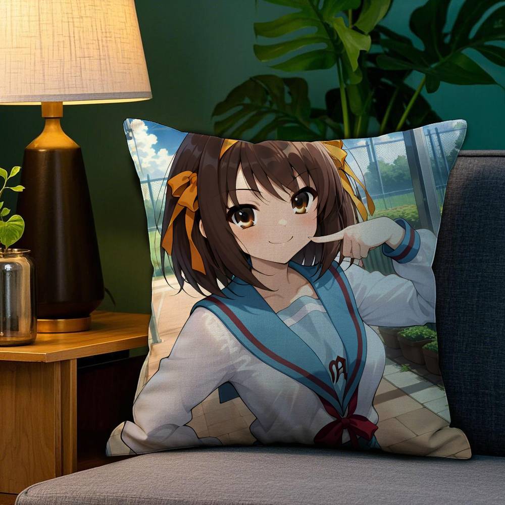

Cute Anime H-Haruhi S-Suzu-miya Pillow Case Anti-dustmite Pillowcase Invisible zipper silky short plush Sofa cushion cover 12x12Inch