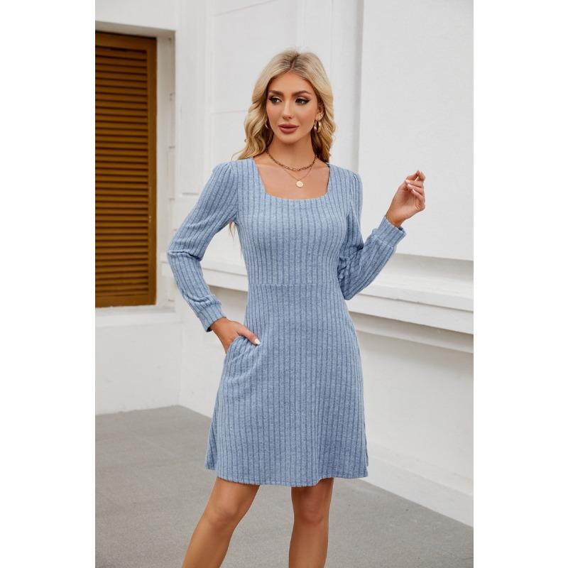 Summer New Product Square Neckline Bag Knitted Sweater Long-sleeved Casual Dress Female YDJR6666