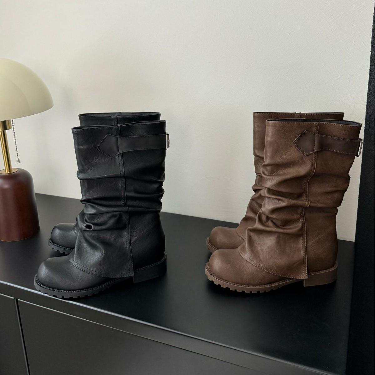 

2025 winter new round head thick heel trouser tube boots medium tube thin Martin fashion inner slope heel women s short boots 40 дубильная кора