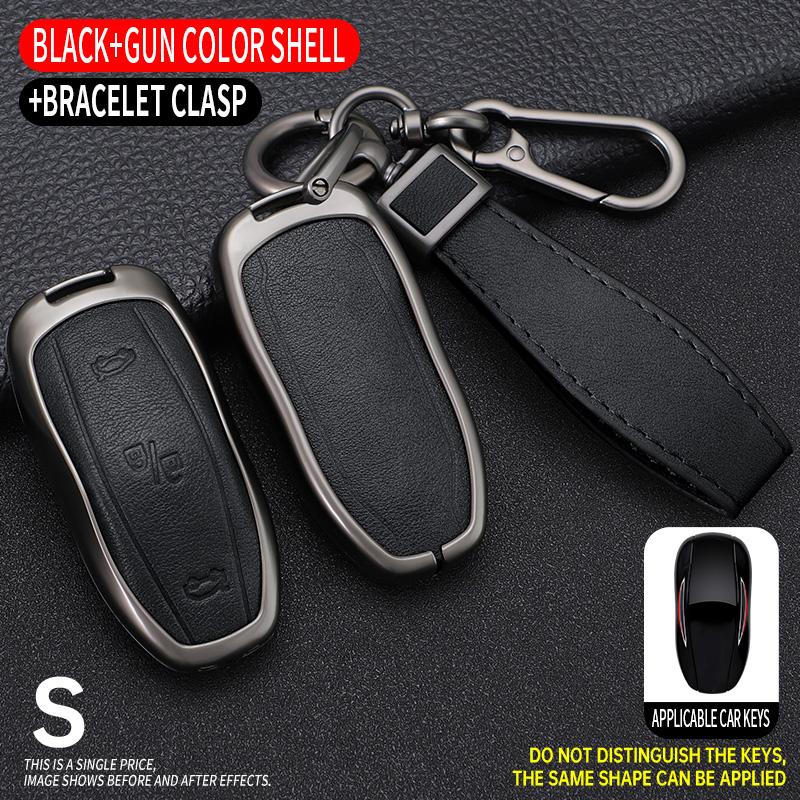 Zinc Alloy+ Leather Car Smart Key Cover Case Shell Fob For Tesla Model 3 Model Y X S Key Shell Bag Holder Protector Accessories
