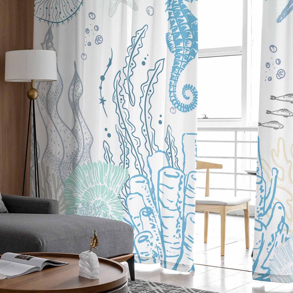 Marine Coral Seahorse Conch Window Tulle Curtains for Living Room Bedroom Hotel Luxury Decoration Sheer Curtains
