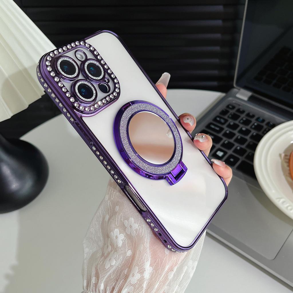 Girls Cute Glitter Diamond Makeup Mirror Camera Lens Protector Bumper Phone Case With Stand For iPhone 17 16 Pro Max Samsung S25 S24 Protective Cover