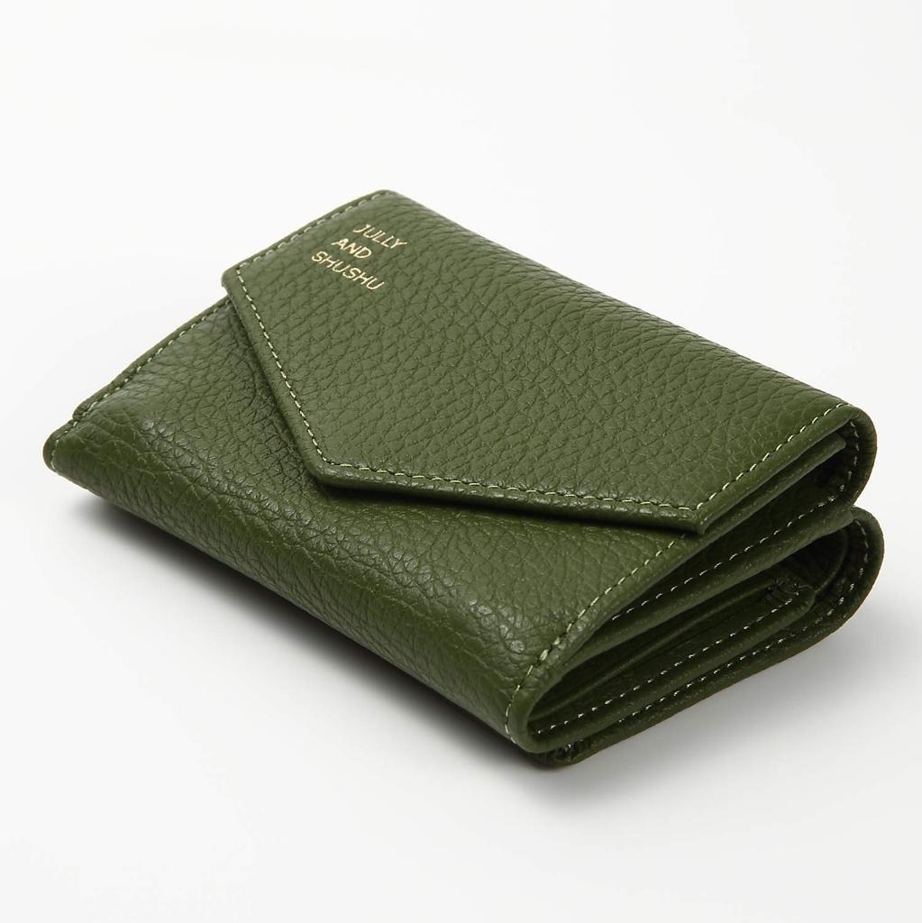 JULLY AND SHUSHU Women's Genuine Leather Tri-Fold Wallet, Compact, Gift, DR-OR (Green)