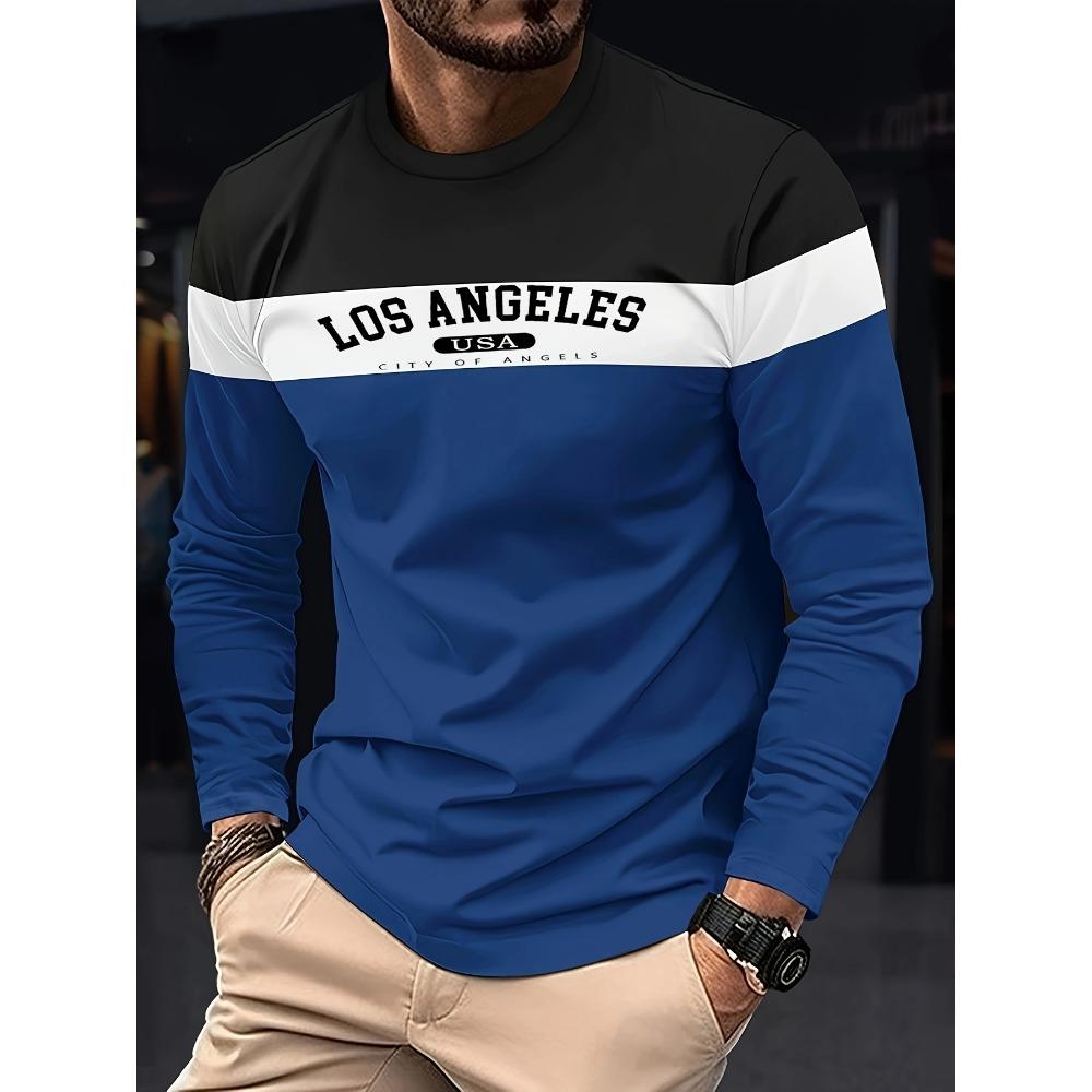 Autumn Fashion Men's Los Angeles Print Long Sleeve T-shirt Stripe Patchwork Casual Sweatshirts Sports Pullover Oversized Tops