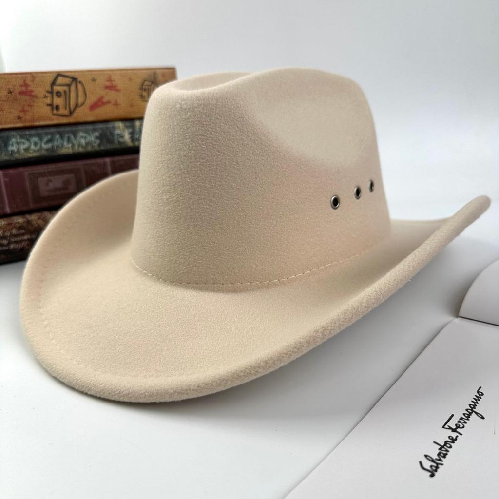 Men'S And Women'S Cowboy Hats Woolen One-Word Top Fashion Punched Hat Jazz Hat Big-Brimmed Top Hat