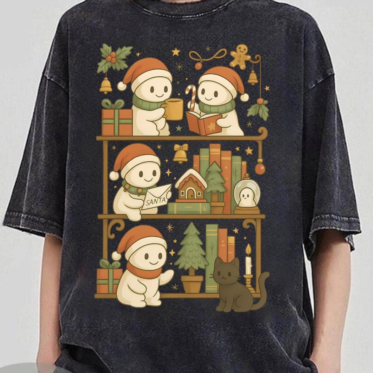 Christmas Ghost Bookshelf Shirt, Festive Holiday Reading Shirt, All Booked For Christmas Tee, Xmas Bookshelf Tee, Winter Book Shirt XL
