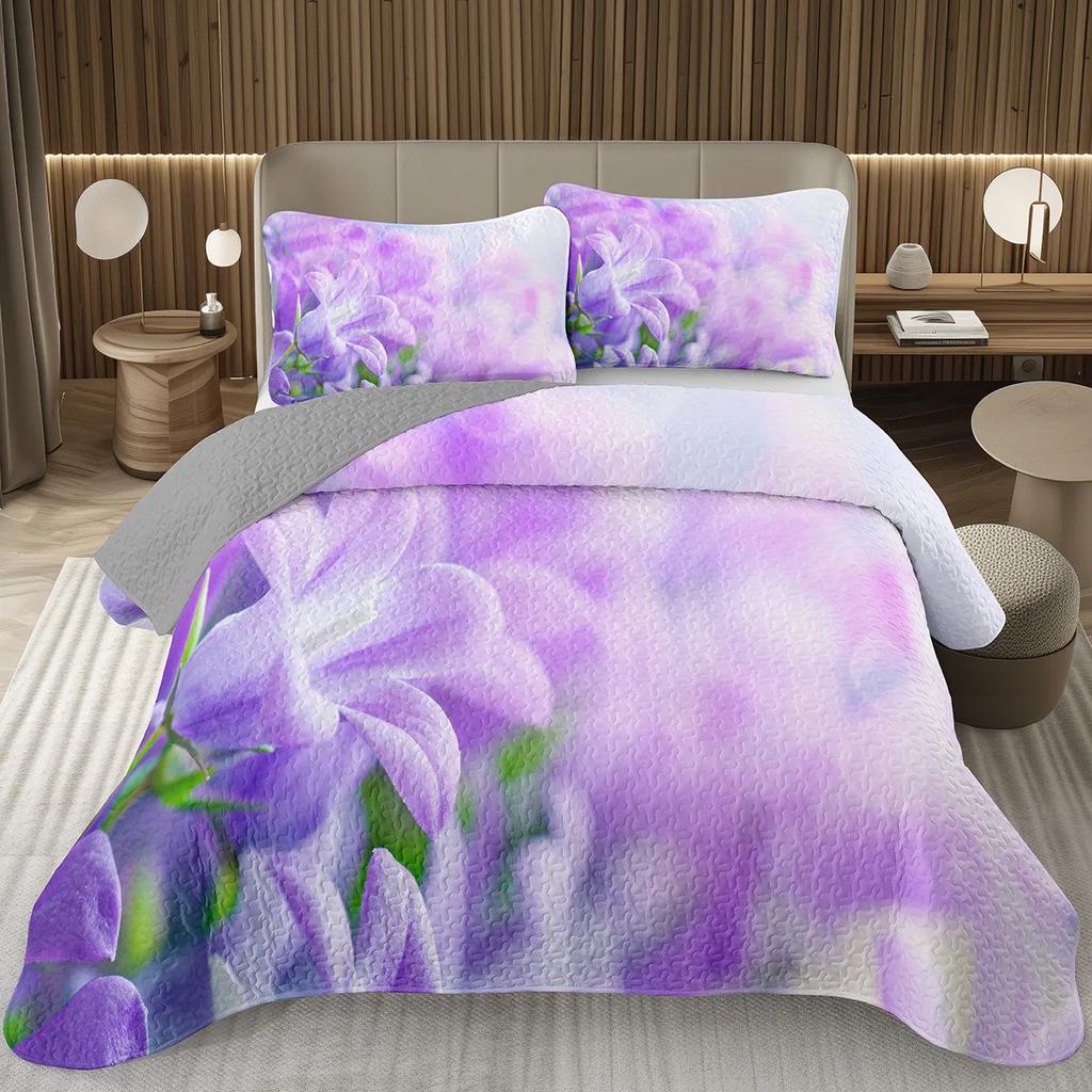 Purple Lavender Bedspread Set Botanical Floral Coverlet Twin Queen Garden Flower Quilted Bedding Set For Girls Women Bedroom