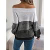 Off the Shoulder Striped Color Block Pullover Sweater - Acrylic Knit Lantern Sleeve Casual Vacation Top for Fall/Winter