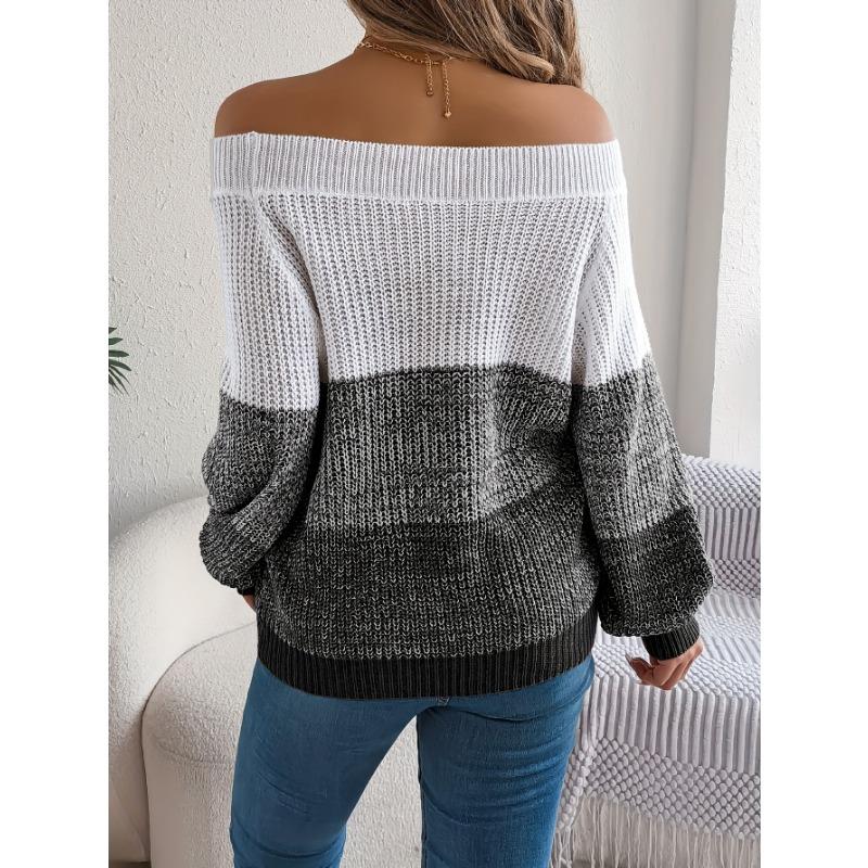 Off the Shoulder Striped Color Block Pullover Sweater - Acrylic Knit Lantern Sleeve Casual Vacation Top for Fall/Winter